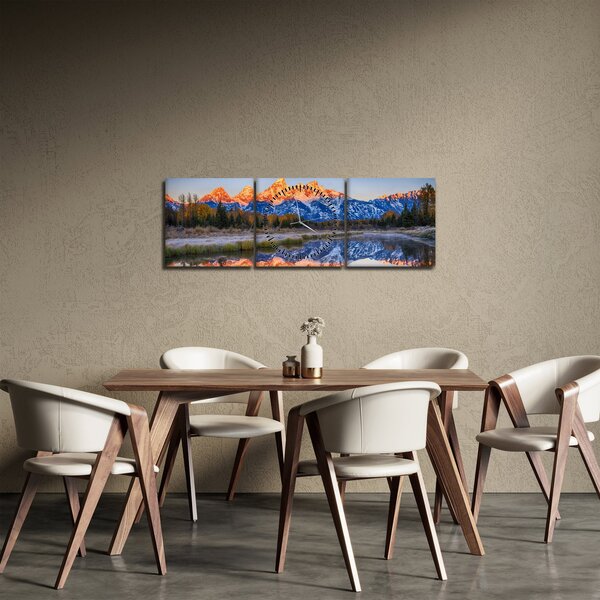 Obraz ośnieżonych szczytów górskich (z zegarem) (90x30 cm)