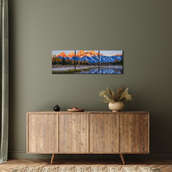 Obraz ośnieżonych szczytów górskich (z zegarem) (90x30 cm)