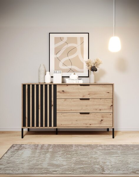 Komoda do sypialni z szafką i szufladami Tally B 138 D3S, lamele i dąb artisan