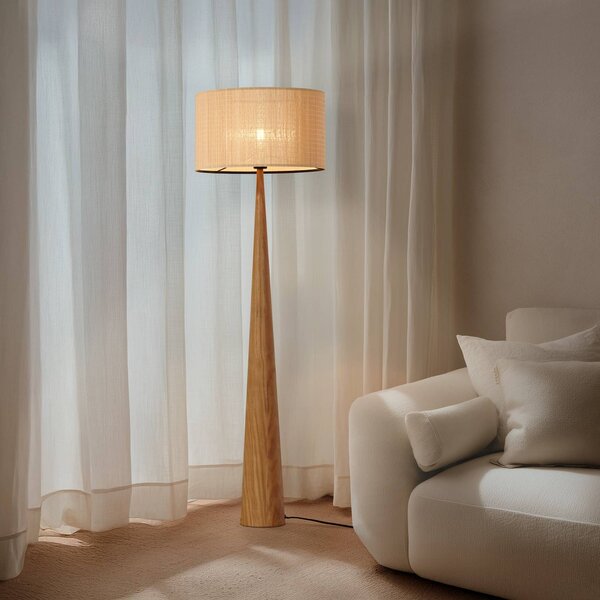 Lampa stojąca Fabrena Lucande, jasne drewno, salon / jadalnia, drewno