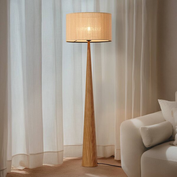 Lampa stojąca Fabrena Lucande, jasne drewno, salon / jadalnia, drewno