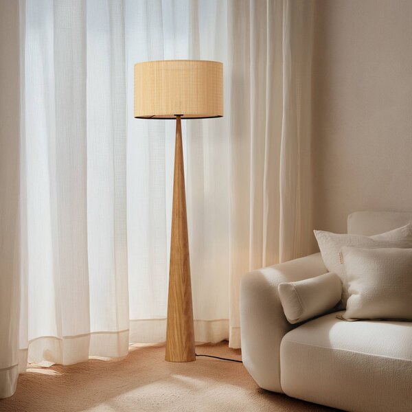 Lampa stojąca Fabrena Lucande, jasne drewno, salon / jadalnia, drewno
