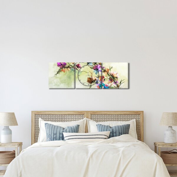 Obraz - malowidło pnącej się kwiaty (z zegarem) (90x30 cm)