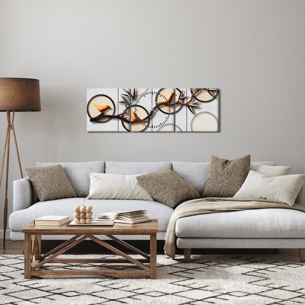 Malarstwo artystyczne - Ptaki na gałęzi (z zegarem) (90x30 cm)