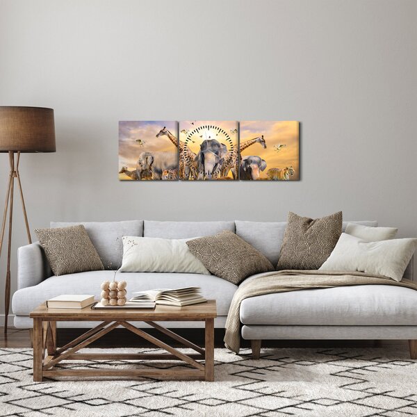 Obraz - Afrykańskie zwierzęta (z zegarem) (90x30 cm)