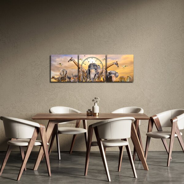 Obraz - Afrykańskie zwierzęta (z zegarem) (90x30 cm)