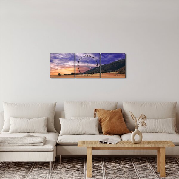 Obraz lawendowej łąki (z zegarem) (90x30 cm)