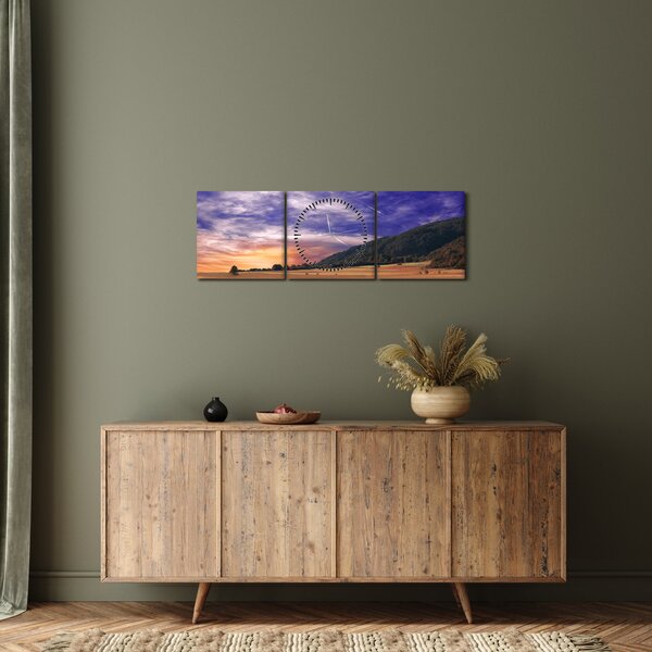 Obraz lawendowej łąki (z zegarem) (90x30 cm)