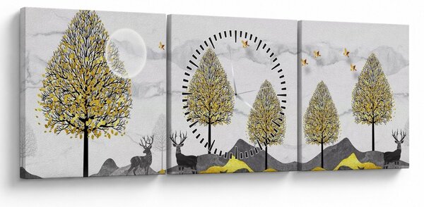 Obraz malowanych jeleni (z zegarem) (90x30 cm)