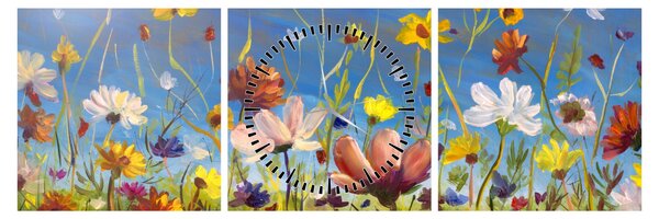 Malowany obraz kwitnącej łąki (z zegarem) (90x30 cm)