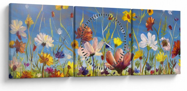 Malowany obraz kwitnącej łąki (z zegarem) (90x30 cm)