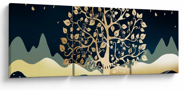 Obraz złotego drzewa (z zegarem) (90x30 cm)