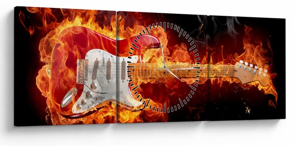 Obraz - Gitara w płomieniach (z zegarem) (90x30 cm)