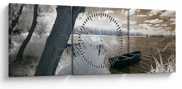 Obraz łodzi na jeziorze (z zegarem) (90x30 cm)