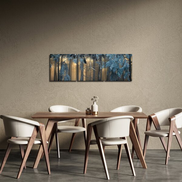 Obraz zaśnieżonego lasu (z zegarem) (90x30 cm)