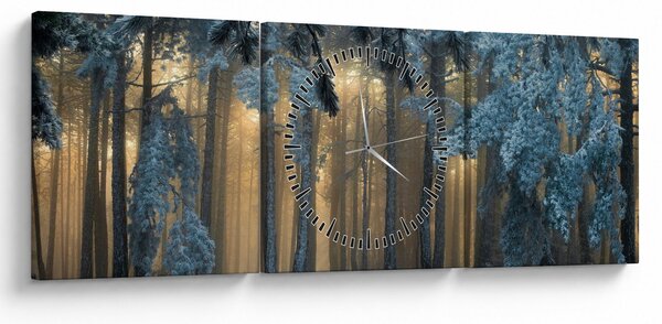 Obraz zaśnieżonego lasu (z zegarem) (90x30 cm)
