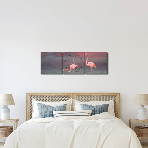 Obraz flamingów (z zegarem) (90x30 cm)