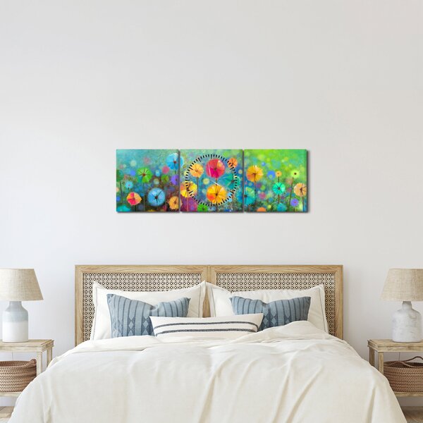 Obraz - Abstrakcyjne kwiaty (z zegarem) (90x30 cm)
