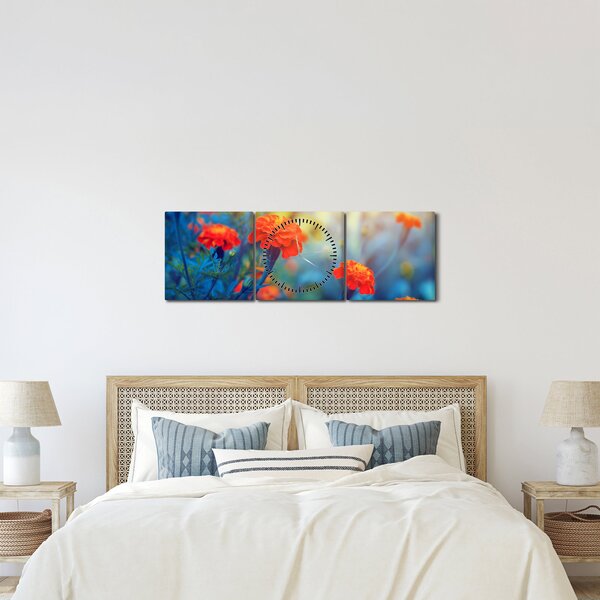 Obraz - Pomarańczowe kwiaty (z zegarem) (90x30 cm)