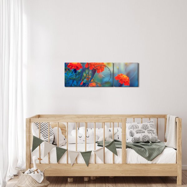 Obraz - Pomarańczowe kwiaty (z zegarem) (90x30 cm)