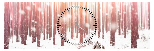 Obraz - Zebra w śnieżnym lesie (z zegarem) (90x30 cm)