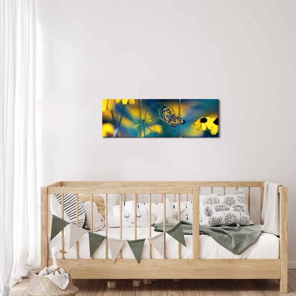Obraz - Żółty motyl z kwiatami (z zegarem) (90x30 cm)