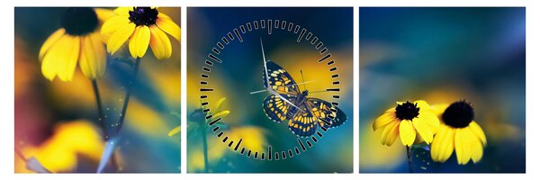 Obraz - Żółty motyl z kwiatami (z zegarem) (90x30 cm)