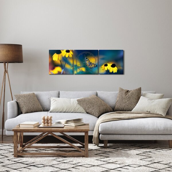 Obraz - Żółty motyl z kwiatami (z zegarem) (90x30 cm)