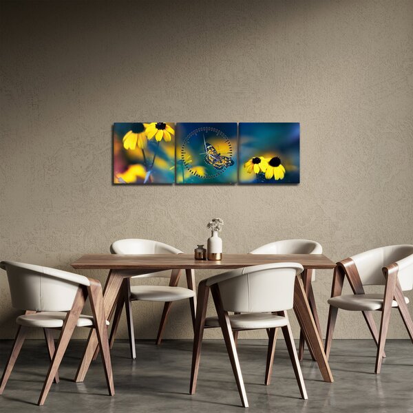 Obraz - Żółty motyl z kwiatami (z zegarem) (90x30 cm)