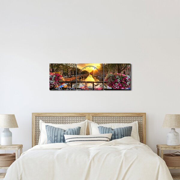 Obraz - Wschód słońca w Amsterdamie (z zegarem) (90x30 cm)