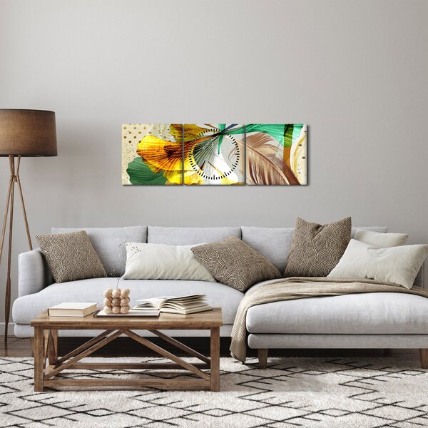 Obraz - Liście z piórami (z zegarem) (90x30 cm)