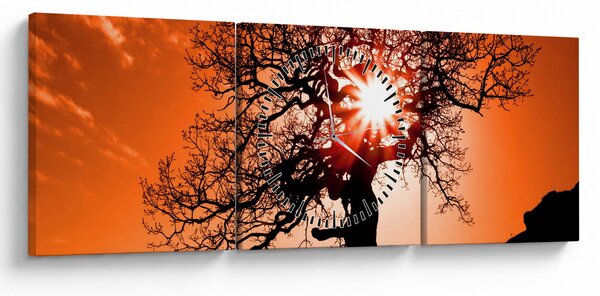 Obraz - Dąb o zachodzie słońca (z zegarem) (90x30 cm)