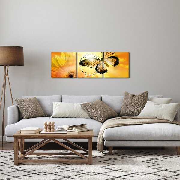 Obraz - Żółty motyl z kwiatkiem (z zegarem) (90x30 cm)
