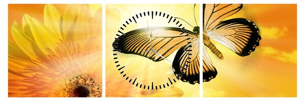 Obraz - Żółty motyl z kwiatkiem (z zegarem) (90x30 cm)