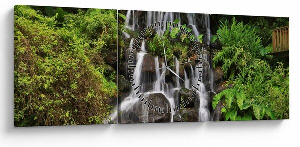 Obraz wodospadów w tropikalnym lesie (z zegarem) (90x30 cm)