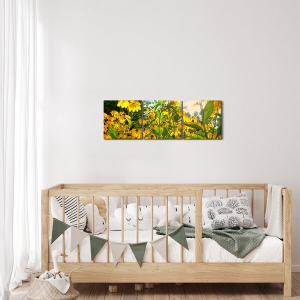 Obraz żółtych kwiatów (z zegarem) (90x30 cm)