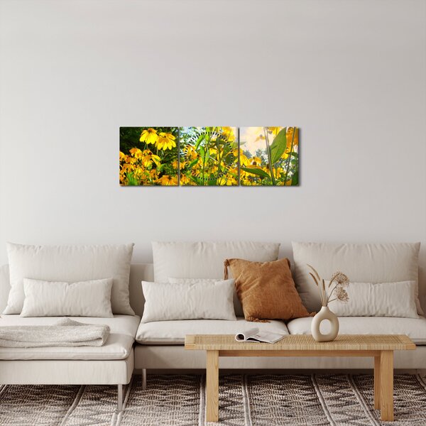 Obraz żółtych kwiatów (z zegarem) (90x30 cm)