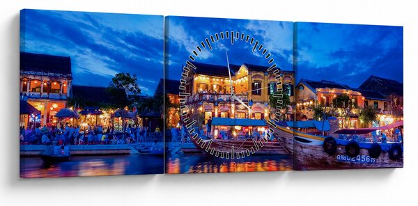 Obraz nocnego miasta Hoi An w Wietnamie (z zegarem) (90x30 cm)