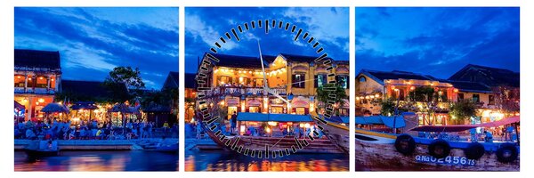 Obraz nocnego miasta Hoi An w Wietnamie (z zegarem) (90x30 cm)