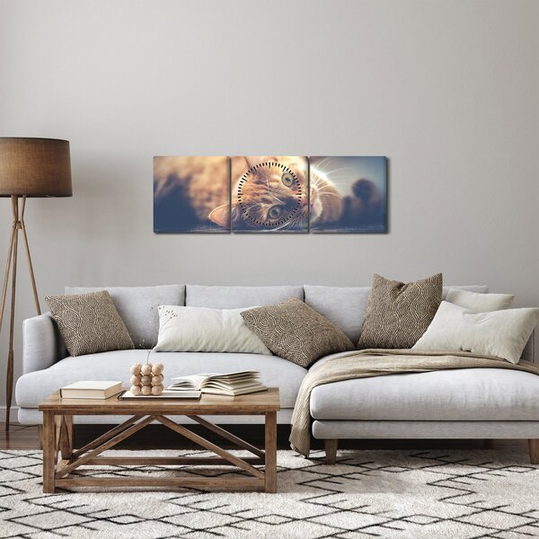 Obraz kota na podłodze (z zegarem) (90x30 cm)