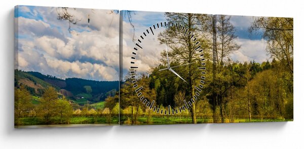 Obraz łodzi nad jeziorem (z zegarem) (90x30 cm)