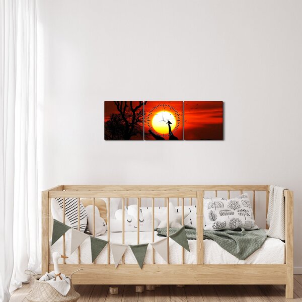 Obraz - Sylwetki zwierząt o zachodzie słońca (z zegarem) (90x30 cm)