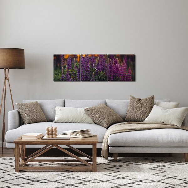 Obraz kwiatów łubinu (z zegarem) (90x30 cm)