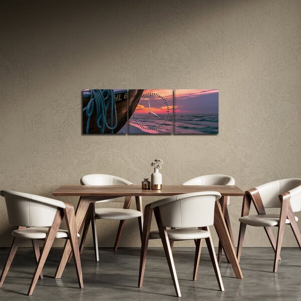 Obraz łodzi na brzegu (z zegarem) (90x30 cm)