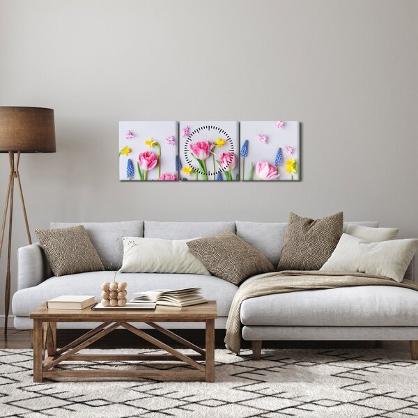 Obraz wiosennych kwiatów (z zegarem) (90x30 cm)