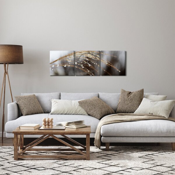 Obraz kropli na roślinie (z zegarem) (90x30 cm)