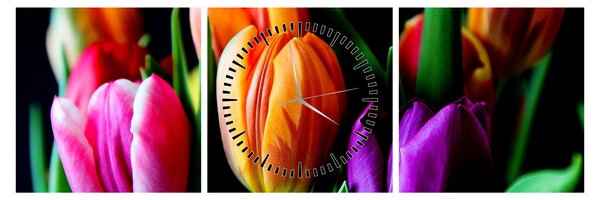 Obraz tulipanów na czarnym tle (z zegarem) (90x30 cm)