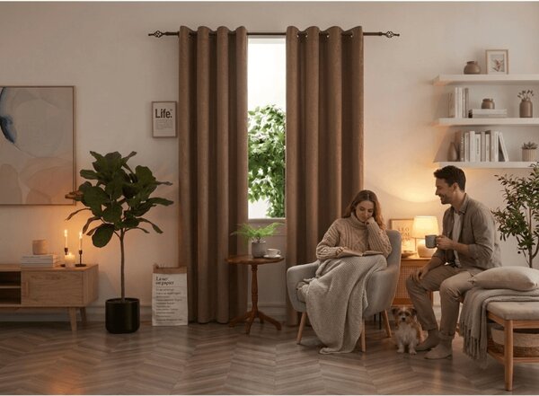 Zaciemniająca zasłona DUNES VELVET 140x250 cm, beżowo-brązowa Zawieszanie: Metalowe pierścienie