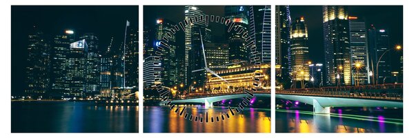 Obraz Singapuru nocą (z zegarem) (90x30 cm)