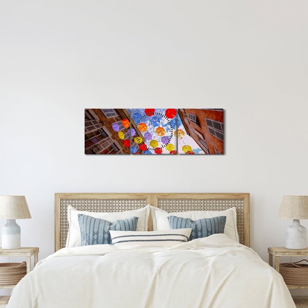 Obraz kolorowych parasoli (z zegarem) (90x30 cm)